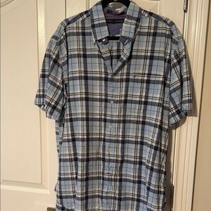 Tommy Hilfiger Light Blue and Navy Plaid Short-Sleeve Button-Down Shirt
